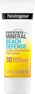Neutrogena Purescreen+ Mineral Beach Defense Active Performance Body Lotion Protetor solar com FPS 30 de amplo espectro, secagem rápida e resistente à água 80 minutos de proteção UVA/UVB, 7 ml